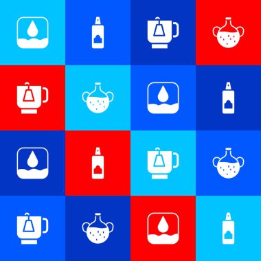 Su damlası, saç spreyi spreyi, bir fincan çay poşeti ve gerekli yağ şişesi ikonu. Vektör