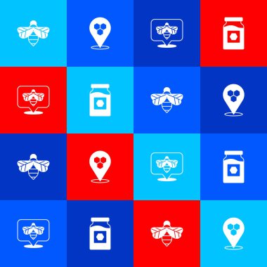 Bee 'yi, Bal Arısı' nın yerini ve bal ikonunun kavanozunu ayarla. Vektör