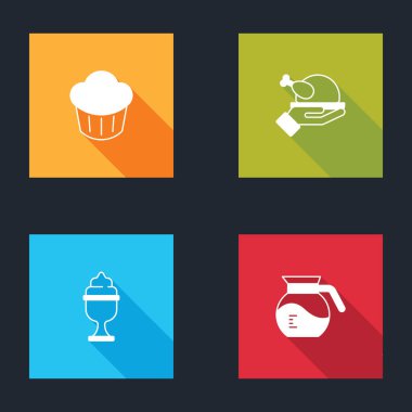 Kurabiye, kızarmış hindi ya da tavuk, kasede dondurma ve kahve demliği ikonu. Vektör