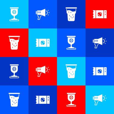 Ödül kupasını beyzbol topu, megafon, bir bardak bira ve beyzbol bileti ikonu ile ayarla. Vektör