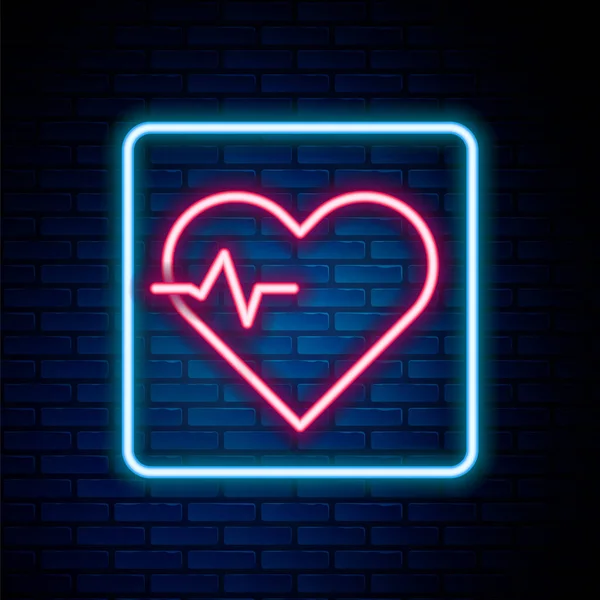Leuchtende Leuchtschrift Herzfrequenzsymbol isoliert auf Backsteinwand Hintergrund. Herzschlagzeichen. Herzpuls-Symbol. Kardiogramm-Symbol. Buntes Rahmenkonzept. Vektor — Stockvektor