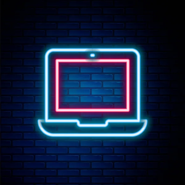 Glödande neon linje Laptop ikon isolerad på tegel vägg bakgrund. Dator anteckningsbok med tom skärm tecken. Färgstarkt skisskoncept. Vektor — Stock vektor
