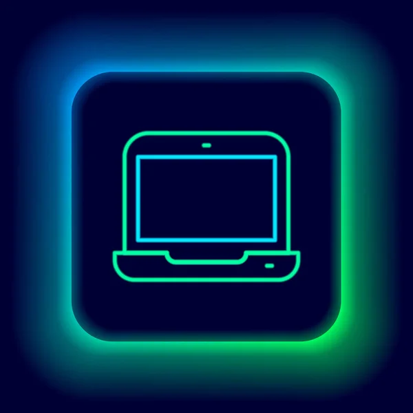 Gloeiende neon lijn Laptop icoon geïsoleerd op zwarte achtergrond. Notitieboekje met leeg scherm. Kleurrijk concept. Vector — Stockvector