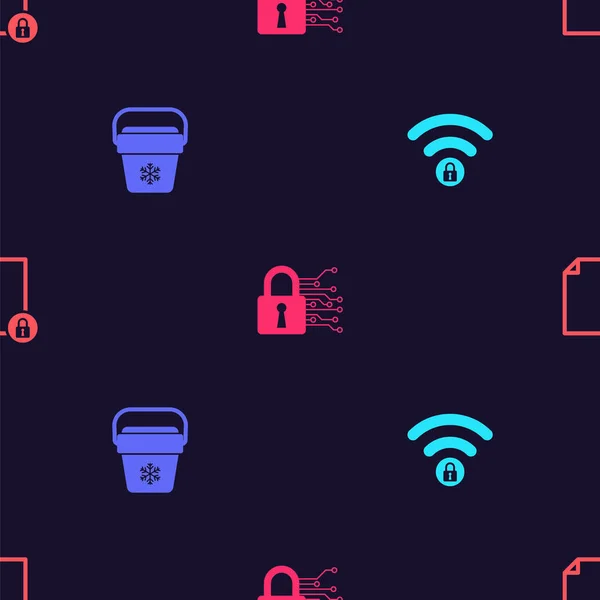 Ställ in Wifi låst, Cooler väska, Cyber säkerhet och dokument och på sömlös mönster. Vektor — Stock vektor