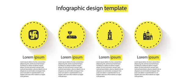 Jainismus, Symbole der Erstkommunion, Predigt und Gebäude des Pastors der Kirche. Geschäftsinfografische Vorlage. Vektor — Stockvektor