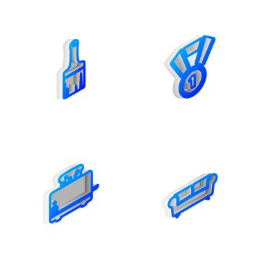 Isometric Line Madalyası, boya fırçası, tost makinası ve kanepe simgesini ayarla. Vektör