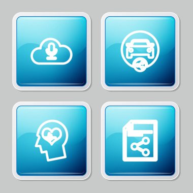 Set hattı Müzik Yayını, Araba Paylaşımı, Kalp atışı ve Paylaşım dosya simgesi ile kafa. Vektör