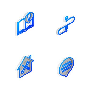 Isometric hattı rota konumunu, ilginç gerçekleri, ev servisini ve konuşma balonu sohbet simgesini ayarla. Vektör