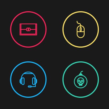 Hat kulaklıklarını ayarla, bomba patlamaya hazır, oyun simgesi için bilgisayar faresi ve göğüs. Vektör