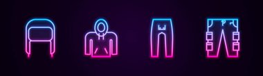 Kulak flaplı, kapüşonlu, pantolonlu ve kargo pantolonlu bir şapka ayarla. Parlayan neon ikonu. Vektör