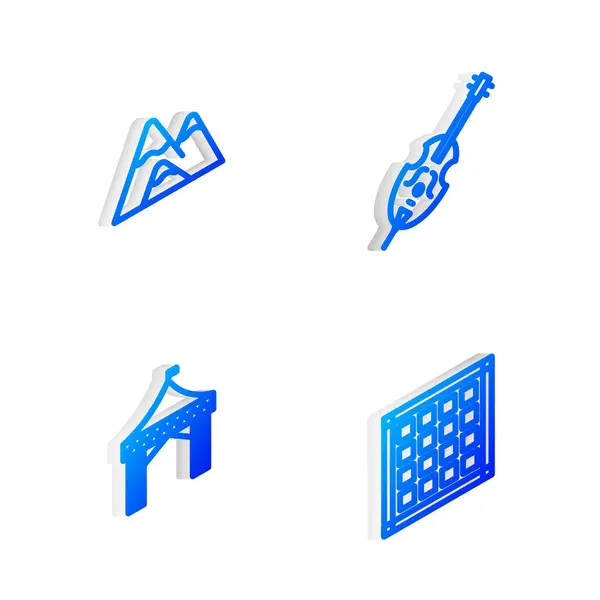 Állítsa izometrikus vonal hegedű, hegyek, kemping sátor és kockás szalvéta ikon. Vektor — Stock Vector