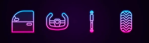 Set line Car door, Sport steering wheel, Shock absorber and tire. Glowing neon icon. Vector — Stock Vector