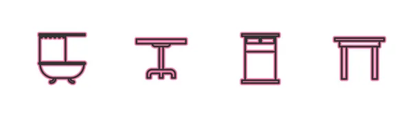 Set line Bañera con cortina de ducha, cama grande, mesa redonda e icono de madera. Vector — Vector de stock