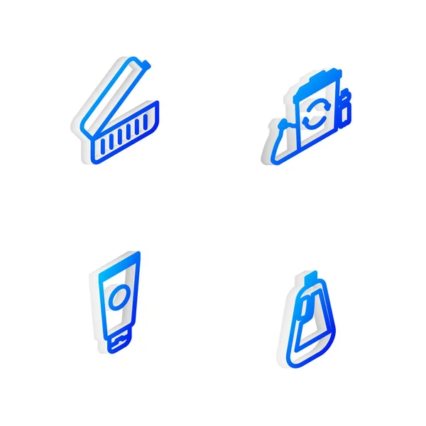 Set Isometrische Linie Papierkorb mit Recycling, Lunchbox, Creme Kosmetikschlauch und Flasche für Spülmittel Symbol. Vektor — Stockvektor