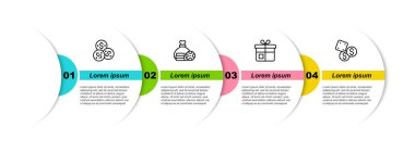 Dolar, para çantası, hediye kutusu ve oyun zarlarıyla kumarhane fişi ayarla. Ticari bilgi şablonu. Vektör