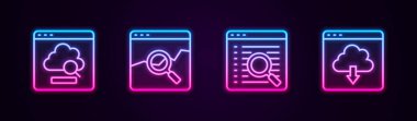 Hat Cloud teknoloji veri transferini ayarlayın, borsası, arama motoru ve indirmesi olan web sitesi. Parlayan neon ikonu. Vektör