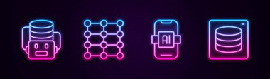 Çizgiyi ayarla Yapay Zeka Robotu, Sinirsel Ağ, Yapay Zeka ve Sunucu, Data. Parlayan neon ikonu. Vektör