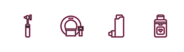 Набор линии Медицинский отоскоп инструмент, ингалятор, томография и орган контейнер значок. Вектор — стоковый вектор