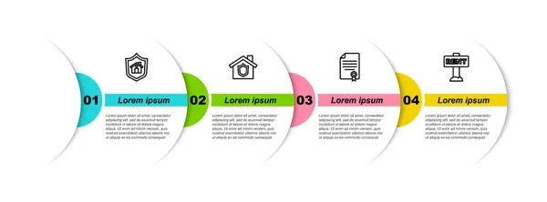 Definir linha de casa com escudo,, contrato e assinatura de suspensão Alugar. Modelo de infográfico de negócios. Vetor — Vetor de Stock