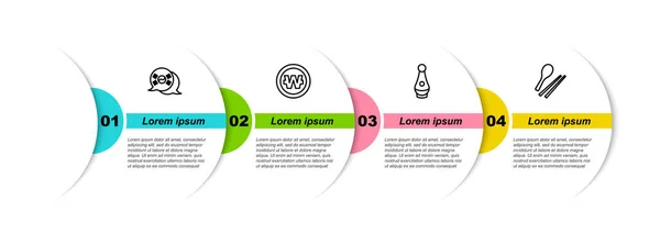 Fijar línea Corea del Sur bandera, Corea ganó moneda, Soju botella y palillos de comida. Plantilla de infografía empresarial. Vector — Vector de stock