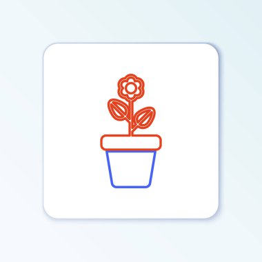 Beyaz arkaplanda tencere simgesinde çizgi çiçeği izole edildi. Tencerede yetişen bir bitki. Saksı bitkisi işareti. Renkli taslak konsepti. Vektör