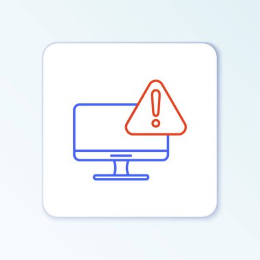 Beyaz arkaplanda ünlem simgesi izole edilmiş çizgi bilgisayar monitörü. Uyarı mesajı akıllı telefon uyarısı. Renkli taslak konsepti. Vektör