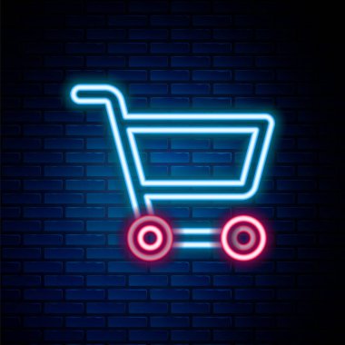 Parlayan neon hattı alışveriş arabası simgesi tuğla duvar arkasında izole edilmiş. İnternetten satın alma konsepti. Servis tabelası. Süpermarket sepeti sembolü. Renkli taslak konsepti. Vektör