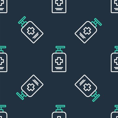 Bir şişe sıvı antibakteriyel sabun ve siyah arkaplanda izole edilmiş ikon. Antiseptik. Dezenfeksiyon, hijyen, cilt bakımı. Vektör