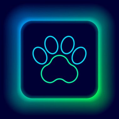 Parlayan neon çizgisi Paw yazdırma simgesi siyah arkaplanda izole edildi. Köpek ya da kedi pençesi izi. Hayvan izleri. Renkli taslak konsepti. Vektör