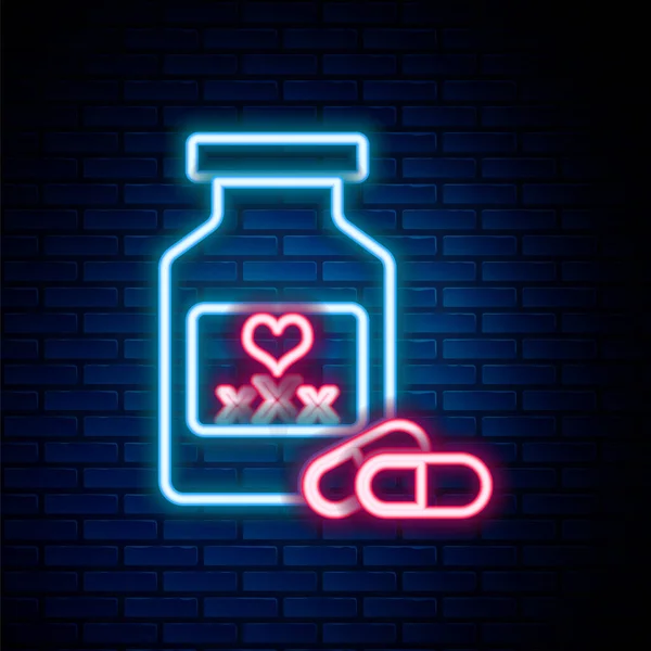 Świecące Neon Linii Lekarska Butelka Pigułki Potencję Ikona Afrodyzjak Izolowane — Wektor stockowy