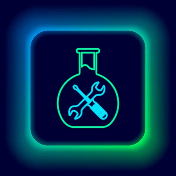 Gloeiende Neon Lijn Bioengineering Met Schroevendraaier Moersleutel Pictogram Geïsoleerd Zwarte — Stockvector