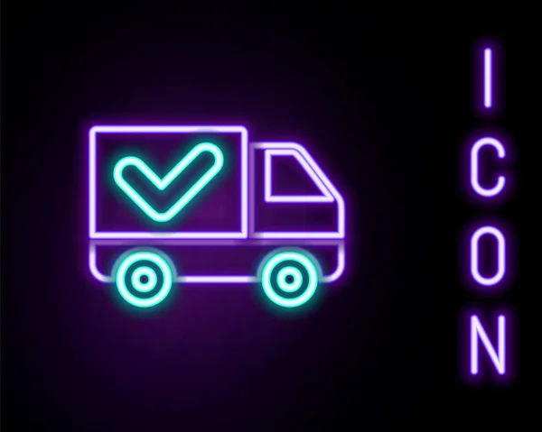 Gloeiende Neon Lijn Levering Vrachtwagen Met Vinkje Pictogram Geïsoleerd Zwarte — Stockvector