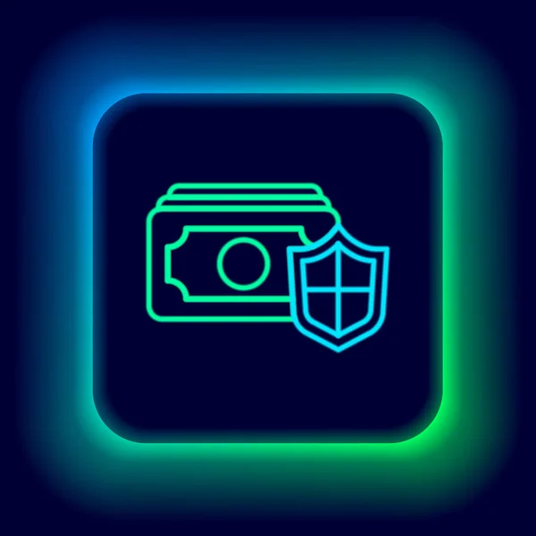 Glowing Neon Line Money Shield Icon Isolated Black Background Insurance — Stock Vector