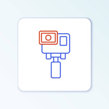 Çizgi Eylemi ekstrem kamera simgesi beyaz arkaplanda izole edildi. Ekstrem sporları çekmek için video kamera ekipmanı. Renkli taslak konsepti. Vektör