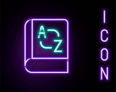 Parlayan neon hattı çevirici kitap simgesi siyah arkaplanda izole edildi. Sohbet balonunda yabancı dil konuşma simgeleri. Çeviri konsepti. Renkli taslak konsepti. Vektör