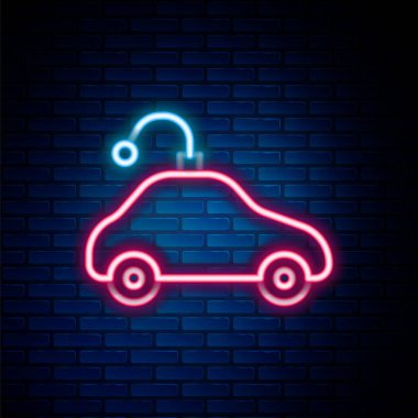 Parlayan neon hattı Radyo kontrollü oyuncak ikonu tuğla duvar arkasında izole edildi. Uzaktan kumandalı oyuncak. Renkli taslak konsepti. Vektör