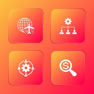 Globe 'u uçan uçak, kurşun yönetimi, dış kaynak konsepti ve büyüteç ve dolar ikonu ile ayarla. Vektör.