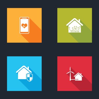 Kalp atış hızı, akıllı ev, korunan ev ve rüzgar türbini ikonu ile mobil ayarlayın. Vektör.