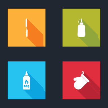 Barbekü bıçağı, hardal şişesi, ketçap ve fırın eldiveni ikonu hazırla. Vektör.