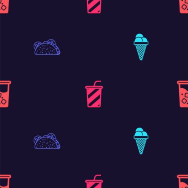 Dondurmayı waffle külahında, Taco 'yu tortilla, cam su ve kusursuz desende hazırla. Vektör.