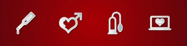 Set Spanking paddle, Male gender and heart, Penis pump and Laptop with 18 plus content icon. Vector.
