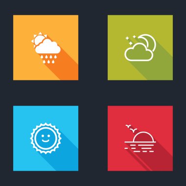 Bulut 'u yağmur ve güneşe, ay yıldızlarına, Güneş ve Günbatımı ikonuna batır. Vektör.