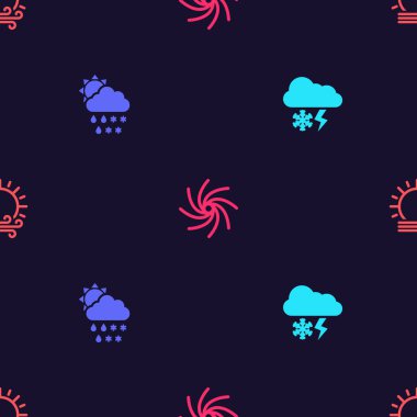 Bulut 'u kar ve yıldırımla, karla, yağmurla, güneşle, kasırgayla ve rüzgarla donatın. Vektör.