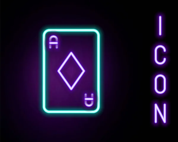 Gloeiende Neon Lijn Speelkaart Met Diamanten Symbool Pictogram Geïsoleerd Zwarte — Stockvector