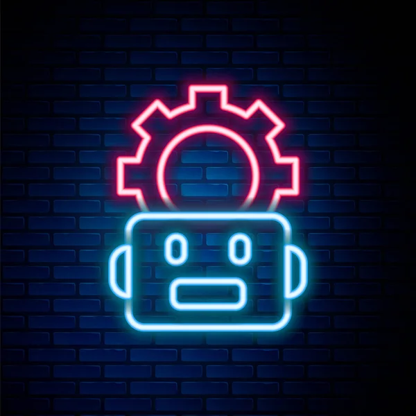 Linea Neon Incandescente Icona Impostazione Robot Isolato Sfondo Muro Mattoni — Vettoriale Stock