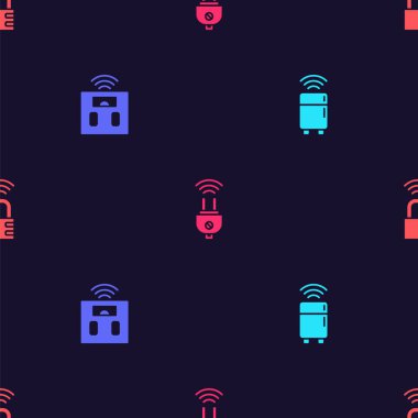 Akıllı buzdolabı, banyo terazisi, elektrik prizi ve güvenli kilit ayarlayın. Vektör.