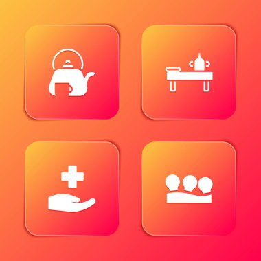 Çaydanlığı fincanla, masaj masası yağıyla, Cross hastanesi sağlık raporuyla ve vakum kutuları ikonuyla hazırla. Vektör.