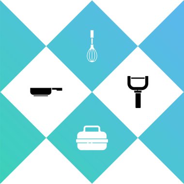 Kızartma tavasını, tencereyi, mutfak çırpıcısını ve soyucu simgesini hazırla. Vektör.