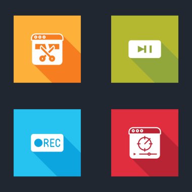 Video kaydedici ya da düzenleyici, Duraklat düğmesi, Kaydet ve Çevrimiçi oynat video simgesi. Vektör