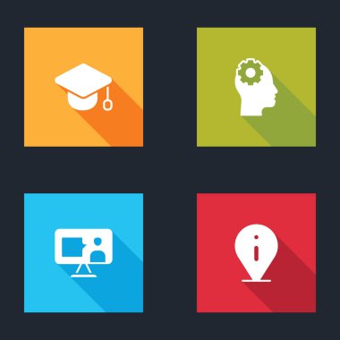 Mezuniyet şapkası, içinde ekipman olan kafa, yabancı dil çevrimiçi çalışma ve bilgi simgesi ayarla. Vektör